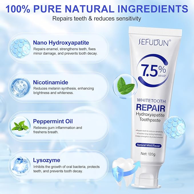 Fluoride Free 7.5% Hydroxyapatite Toothpaste, (2pcs) Nano Hydroxyapatite Toothpaste for Remineralizing Enamel, Sensitive Teeth, Tooth Strengthening, Fresh Mint, Daily Use for Oral Care