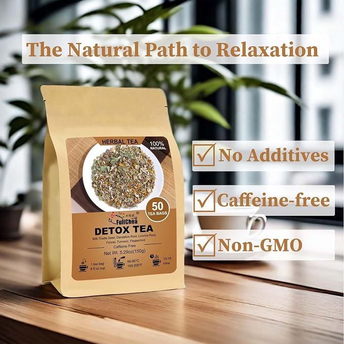 FullChea - Detox Tea Bags, 50 Teabags Liver Detox Tea, With Milk Thistle Seed, Dandelion Root, Licorice Root, Fennel, Turmeric, Peppermint - Liver Cleansing and Support