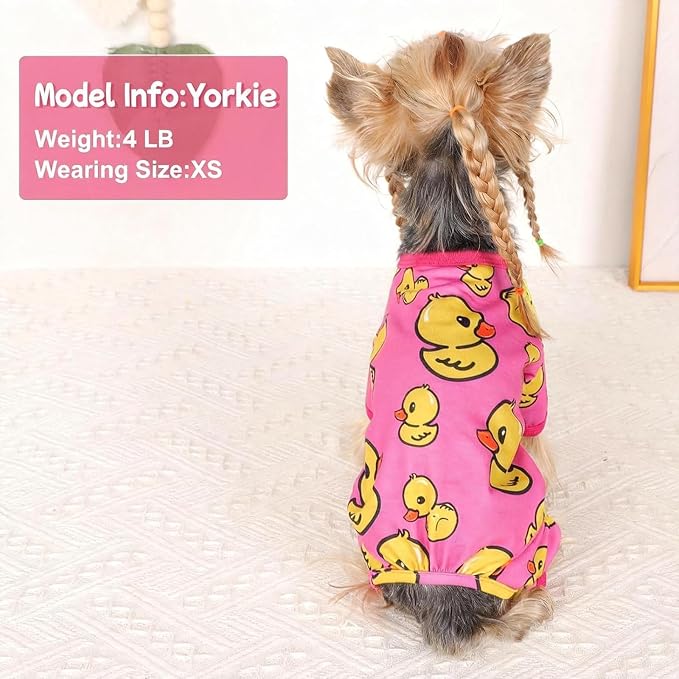 DaFuEn Dog Pajamas for Small Dogs, Soft Stretchy 4 Legs Puppy Jumpsuit, All Season Cozy Pet PJs for Chihuahua Yorkie Teacup Dogs, Cat Clothes (Red Duck, S)