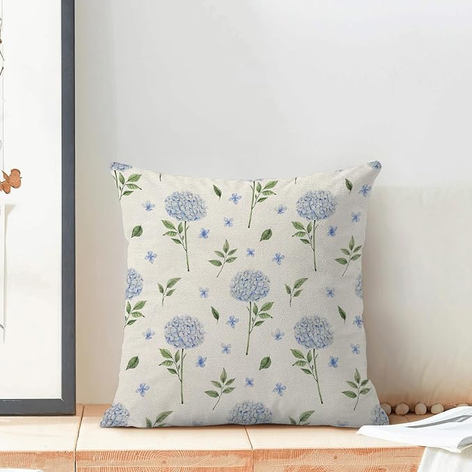 AEIOAE Spring Pillow Covers 18x18 Inch Set of 2, Blue Green Hydrangea Flower Leaves Throw Pillows Case,Floral Summer Outdoor Seasonal Decorative Farmhouse Decor Cushion Covers for Home Sofa Bed Couch