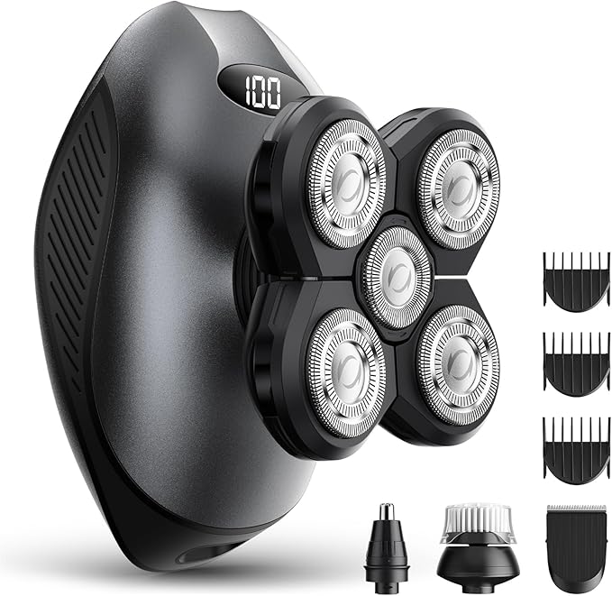 Electric Razor for Men, 5-in-1 Multi-Function Electric Shavers for Men, IPX7 Waterproof Bald Head Shaver with LED Display, Rechargeable Beard Trimmer Body Hair Trimmer, Ideal Gifts for Husband (Black)