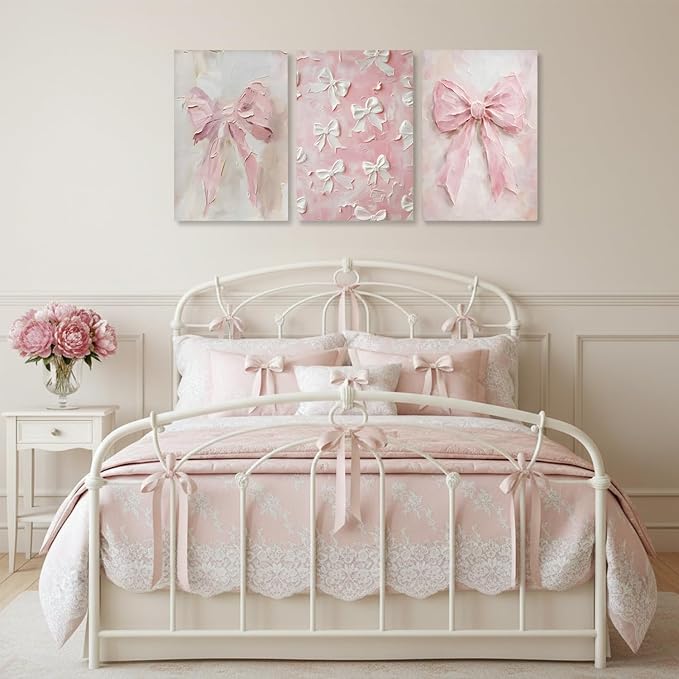 Pink Bow Canvas Wall Art Set of 3 Trendy Preppy Oil Painting Posters Wall Decor Cute Coquette Print Picture Girly Aesthetic for Back to School Girls Bedroom Bathroom College Dorm 16x24 In Framed