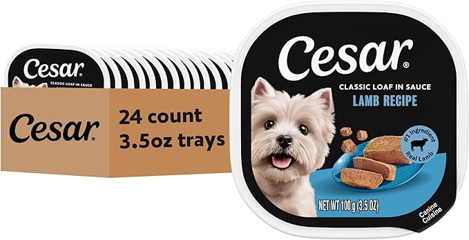 Cesar Classic Loaf in Sauce Wet Dog Food, Lamb Recipe, 3.5 oz, 24 Count | Made in USA, Real lamb #1 ingredient, no fillers, no added sugar, no artificial flavors, slow-cooked, easy peel trays