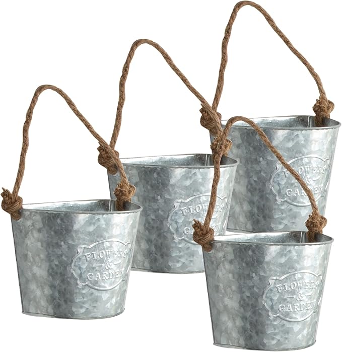 XONOR 4Pcs Galvanized Metal Hanging Wall Planter, Rustic Wall Flower Vase for Succulents Herbs Country Home Farmhouse Decoration (1)