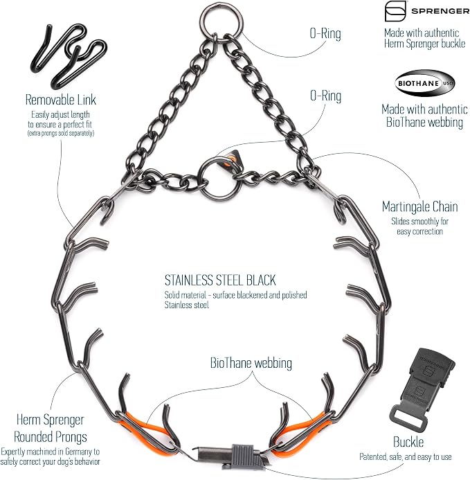 Herm Sprenger Black Stainless Steel Dog Collar with Quick Release ClicLock Buckle O-Ring Biothane Insert Training Collar Made in Germany (Hunter Orange, 23in x 3.2mm(Neck Size up to19-20in))