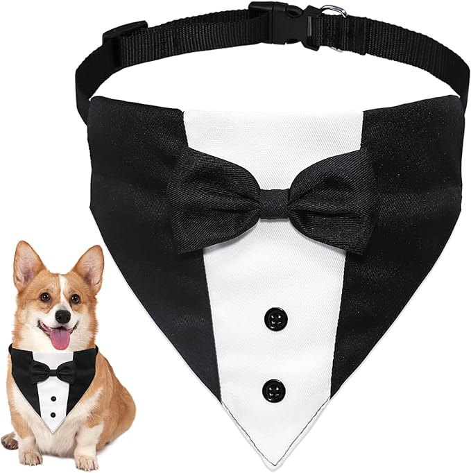 GOYOSWA Dog Tuxedo Suit Wedding Bandana Collar with Bow Tie, Adjustable Formal Dog Tux, Engagement Birthday Tuxedo for Small Medium Large Dogs Pets (Small: Neck 12.5”-21”)