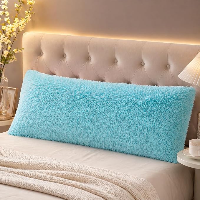 REAFORT Long Hair Faux Fur Body Pillow Cover 21"x54", Hidden Zipper (Aqua) | Ultra-soft long hair faux fur with a hidden zipper offers luxurious comfort and is machine washable for easy care.