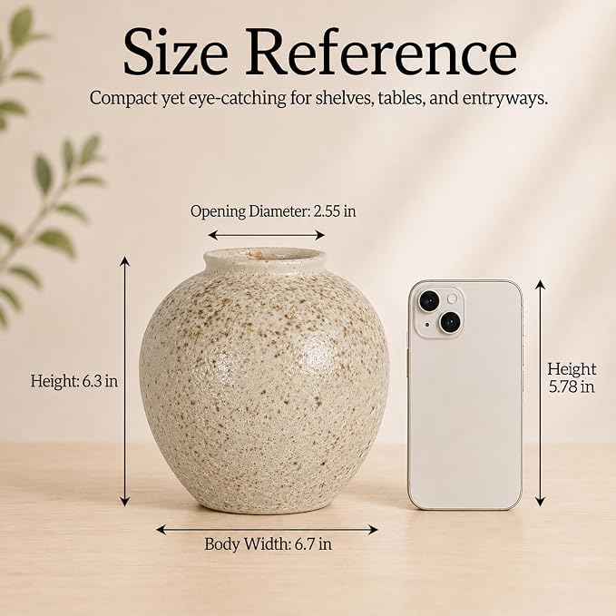 Cream Ceramic Flower Vase Speckled Bubble Glaze Home Decor | 6.29 Inch Rustic Table Vase,Decorative Ornament for Living Room,Office,Wedding,Birthday