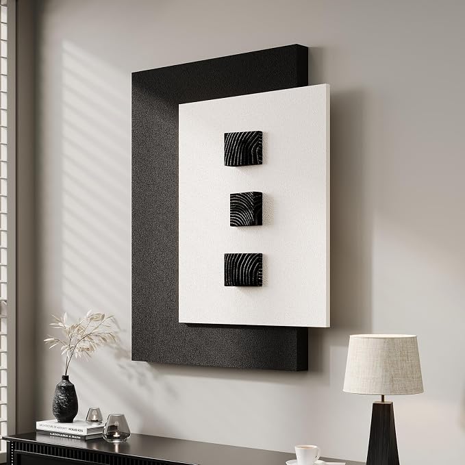 Cuspin Large 3D Wood Wall Art for Living Room, Minimalist Black and White Geometric Wall Decor, Modern Textured Wooden Blocks Artwork for Bedroom Dining Room Office Hallway