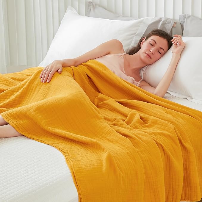 EMME Muslin Blankets for Adults Throw Blanket for Couch Breathable Gauze Soft Lightweight Airy Mustard Yellow Queen 90" x 90"