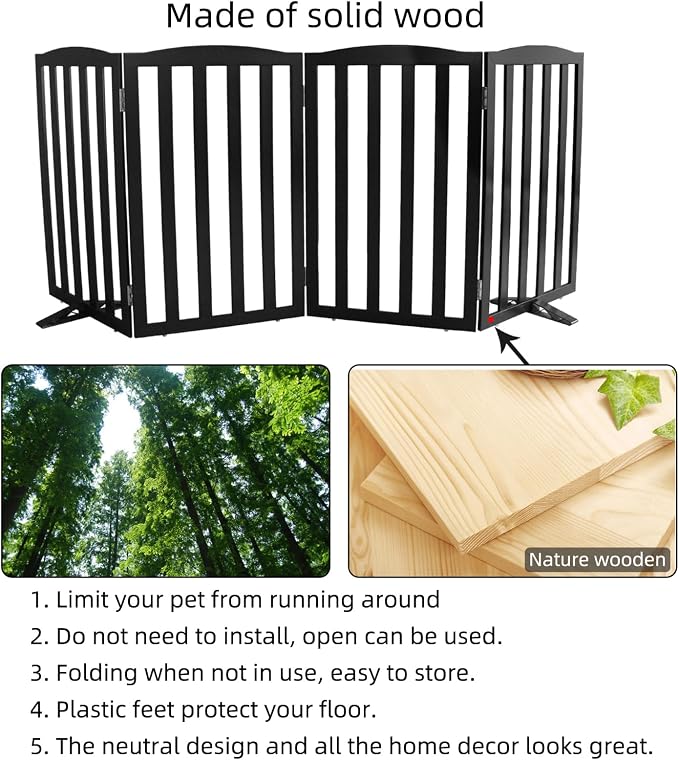 ZJSF Foldable Freestanding Indoor Dog Gate for House Wood Long Pet Gates Dog Fence for Stairs Puppy Gates for Hallways, Puppy Gate,Support Feet Included, Black, 32 "Height-4 Panels
