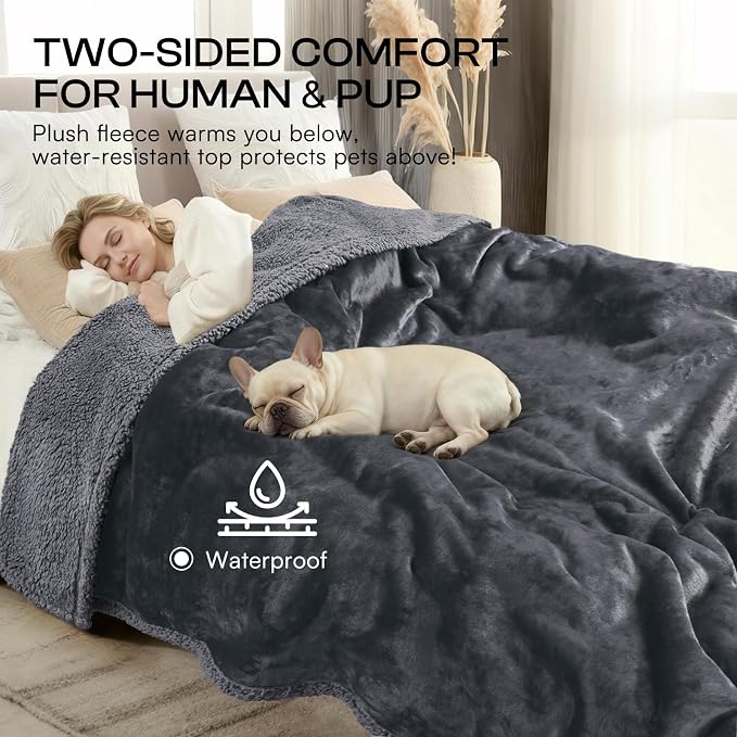 Luciphia Waterproof Blanket for Large Dog, Reversible Sherpa Bed Cover | waterproof pet blanket sherpa fleece reversible couch cover bed protector from spills scratches, Dark Grey 100" x 85"