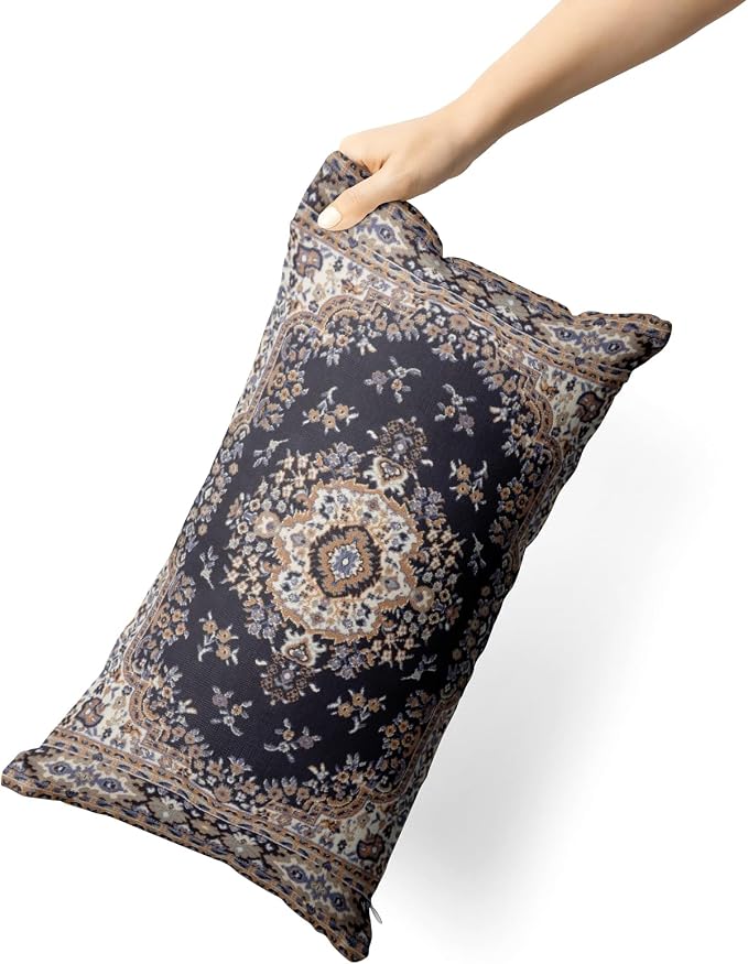 Snycler Boho Throw Pillow Covers 12x20 inch Set of 2 Black Medallion Border Area Rug Double Sided Pattern Cotton Soft Pillow Case Cushion Cover Pillowcase for Couch Sofa Bed Decorative