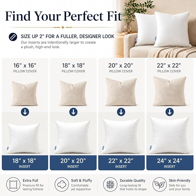 Leeden 26x26 Pillow Inserts, 26 Inch Decorative Throw Pillow Inserts, Soft Fluffy Square Throw Pillows for Couch, Sofa, Bed, and Home Decor White Pillows Pack of 2
