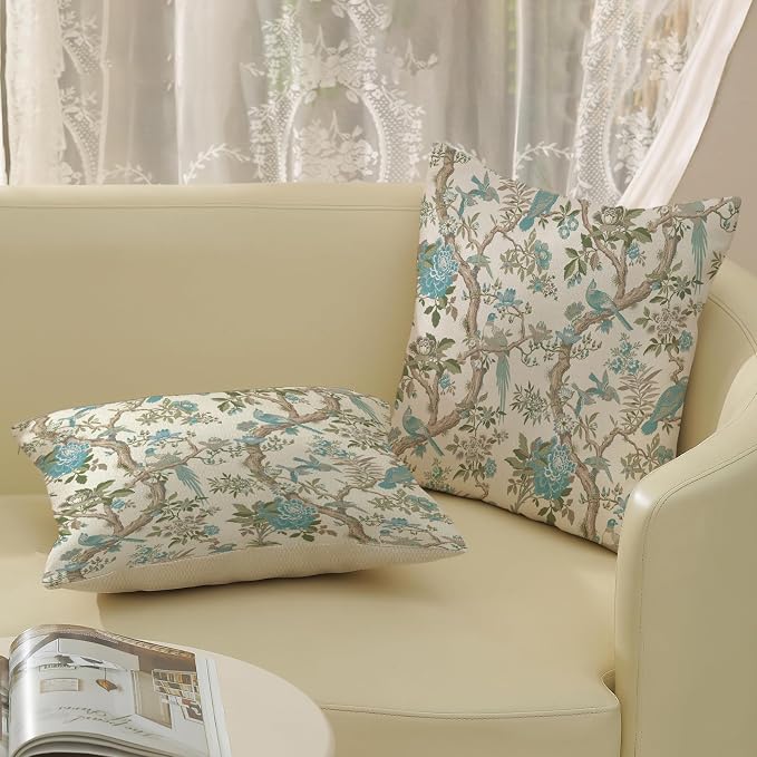 Teal Green Floral Bird Pillow Covers 18x18 Inch Set of 2 Chinoiserie Throw Pillows Vintage Flowers Bird Decorative Pillow Cases Outdoor Chinoiserie Decor Farmhouse Cushion Case for Couch Sofa
