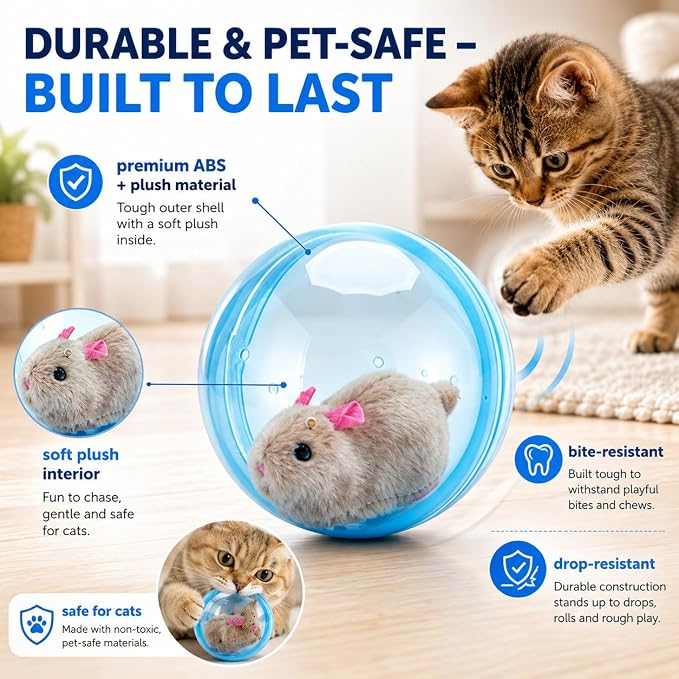 Self-Rolling Interactive Cat Ball, 2026 Realistic Animal Rolling Cat Ball 360° Spin Moving for Cats Dogs Chasing (Blue)