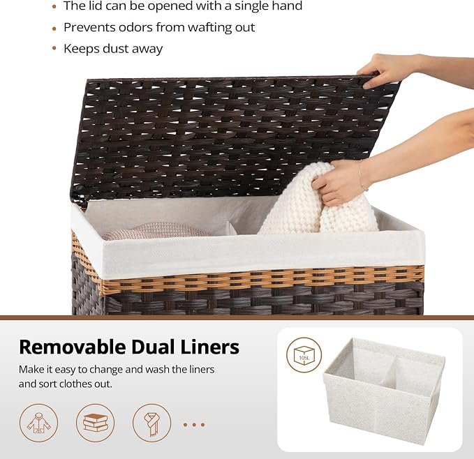 OIAHOMY Storage Basket with Lid, 27.7 Gallon (105L) Blanket Basket with Removable Liner Bag, Synthetic Wicker Hamper with Handle, Foldable, Hamper for Living Room, Brown