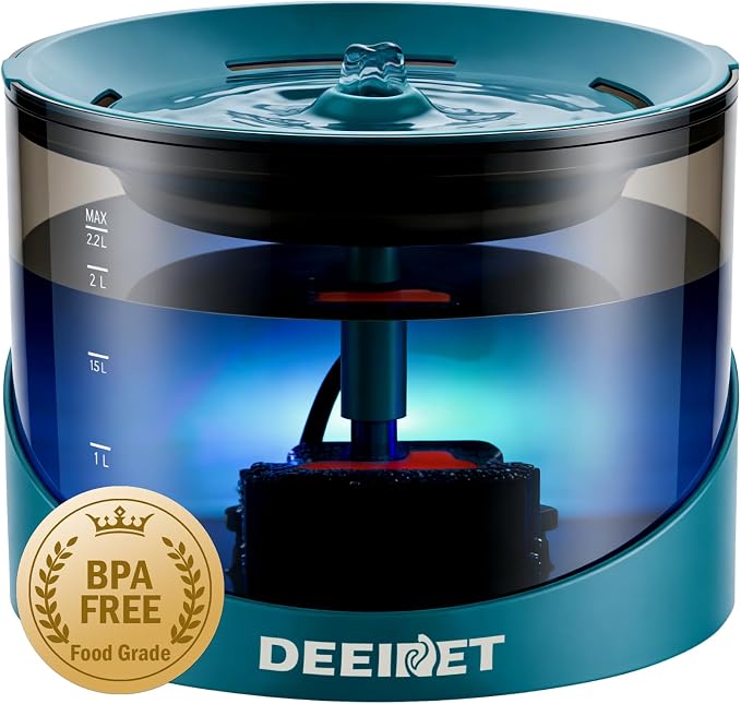 DEEIPET Cat Water Fountain, 74oz/2.2L Ultra Quiet Automatic Water Dispenser for Cats Dogs with Colorful LED Indicator, Water Bowl for Pets with Filter