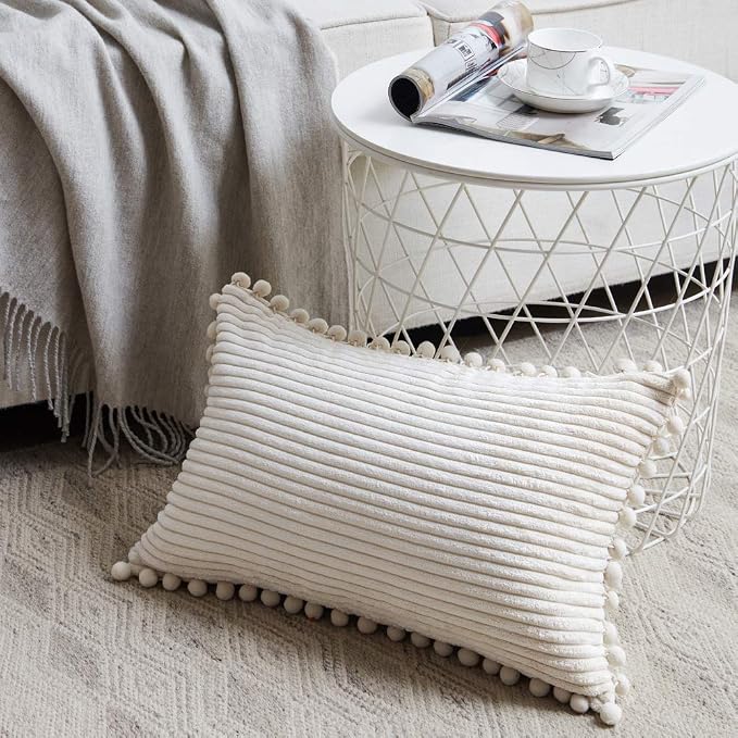 Fancy Homi 2 Pack Cream Lumbar Decorative Throw Pillow Covers 12x24 Inch with Pom-poms for Couch Bedroom Sofa, Farmhouse Boho Home Decor, Soft Corduroy Solid Rectangle Cushion Case 30x60 cm