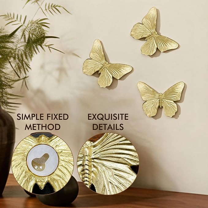 GUSFREUD 3D Butterfly Wall Decor Set – Resin Wall Decor for Living Room, Bedroom, Bathroom, Dining Room, Outdoor and Gallery Walls - Antique Gold - Set of 3