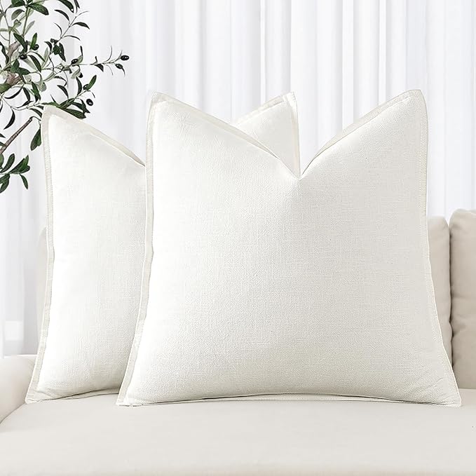 MIULEE Decorative Linen Pillow Covers 16x16 Inch Cream White | Boho Farmhouse Neutral Couch Throw Pillows for Bed, Pack of 2 Accent Modern Pillowcases, Sofa Livingroom Home Decor