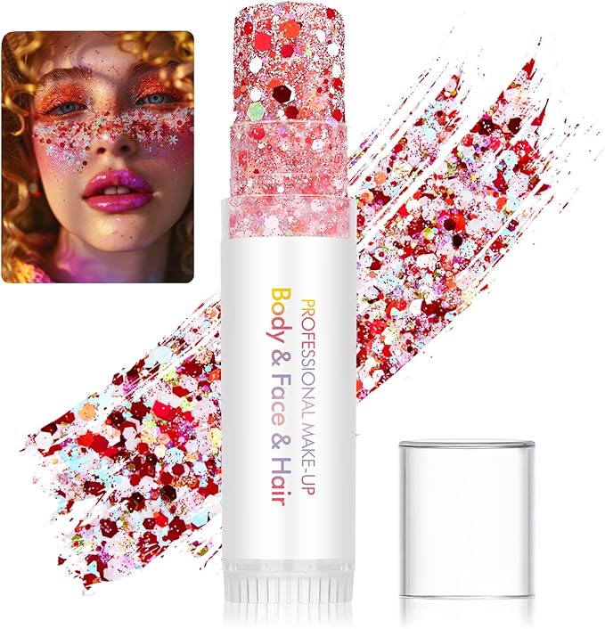 Christmas Body Glitter Stick Red Face Glitter Pink Hair Glitter Valentine's Face Paint Rave Makeup Glitter Festive Face Gems Party Fine Chunky Glitter Stick for Women Girls 2Pack