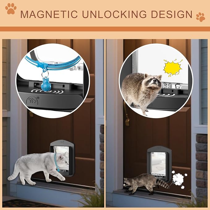 Smart Cat Door with Collar Sensor 2pcs 4 Way Locking Black | Pet Door for Interior Door and Exterior Door Cat Door with Magnetic Flap