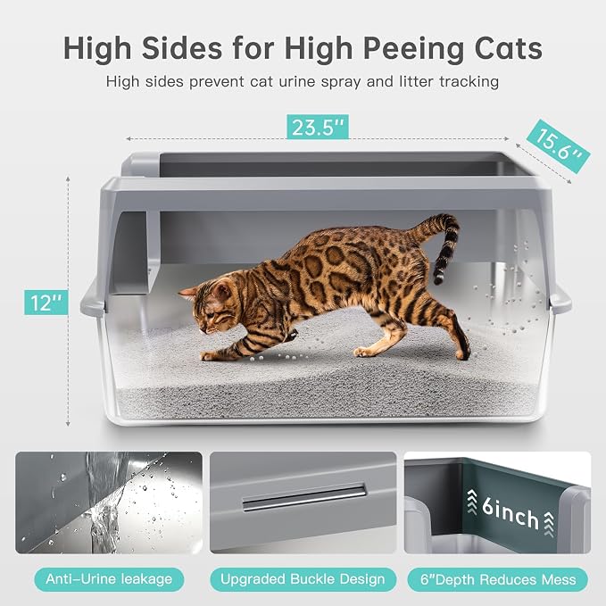 WoofiGo Enclosed Stainless Steel Cat Litter Box with Lid, XL Extra Large Litter Box for Big Cats, Metal Litter Pan High Sided, Never Absorbs Odors, Anti-Urine Leakage, Include Scoop (SH-Light Gray)