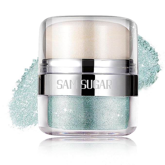 Body Shimmer Powder, Body Glitter Powder with Sponge Head, 3D Contour & Long Lasting Luminous, Glow Highlighter Makeup for Face, Eyes, Hair, Perfect for Daily, Party (Cyan, 1.13 Oz)