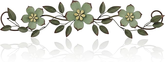 Wesiti Metal Flower Wall Decor Vintage Metal Flower Wrought Iron Scroll Sculpture 15.7''x3.7'' Not 3D, Flat Farmhouse Leaf Wall Decor with Nails for Summer Bedroom Kitchen Indoor Outdoor(Green)