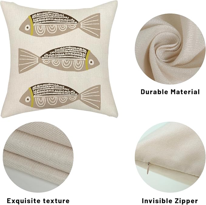Coastal Pillow Covers 18x18 Inch Set of 2 Ocean Beach Brown Fish Throw Pillows Summer Nautical Outdoor Decorative Pillow Cases Linen Farmhouse Cushion Cover for Couch Home Sofa Bedroom Decor