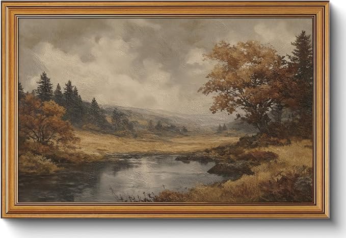 Vintage Gold Framed Wall Art Fall Forest Lake Landscape Painting Wall Decor | Autumn Scenery Pictures Canvas Art Farmhouse Cottagecore Small Framed Prints Artwork for Bookshelf Hallway Gallery Wall