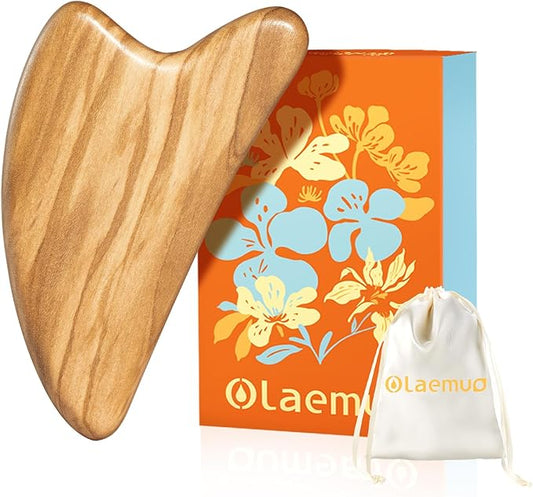 Olaemuo Gua Sha Facial Tools - Face Massager Tool for Lymphatic Drainage, Jawline Sculpting & Puffiness Reducing, Guasha Tool for Body Eyes Neck, Skin Care Gift with Pouch, Natural Olive Wood