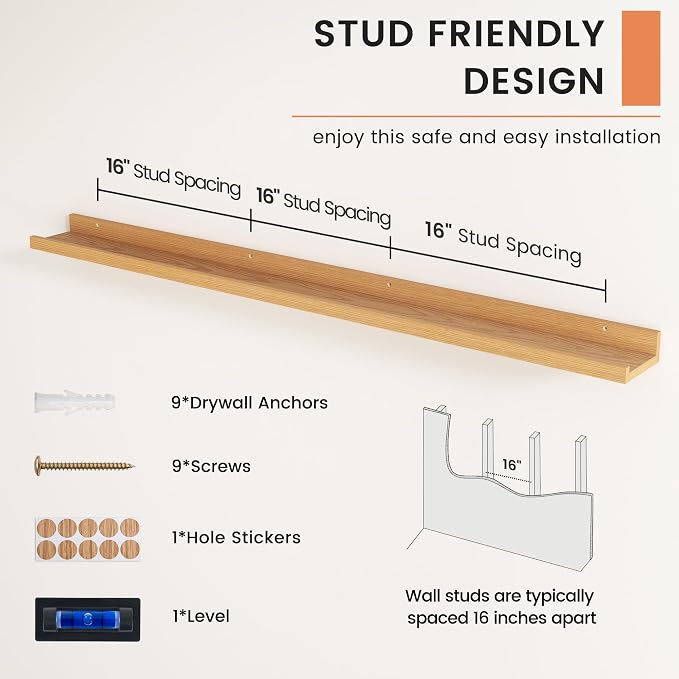 Picture Ledge Shelf, Long Floating Shelves for Wall, 52" W Set of 2, Oak | FSC Certified Engineered Wood, Wall Mounted Bookshelf, for Nursery Living Room Bedroom, Easy Install