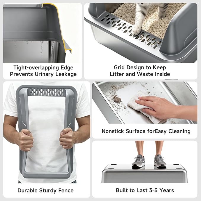 High-Sided Stainless Steel XL Cat Litter Box for Cats | High-Sided Design Prevents Urine Leakage,Non-Stick,Easy to Clean,Includes Scoop,Dark gray