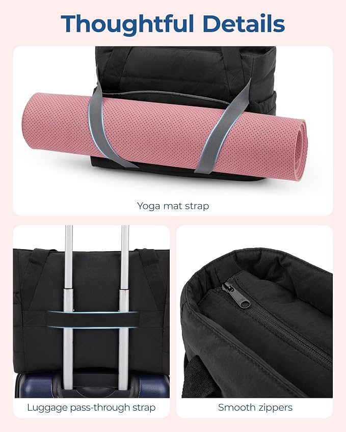 BAGSMART Tote Bag for Women with Zipper and Yoga Mat Straps Quilted Gym Tote for Travel, Work, Sport