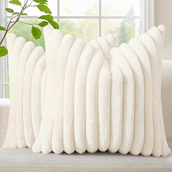 decorUhome Fall Faux Fur Throw Pillow Covers 26x26 Set of 2 Cream White | Decorative Soft Cozy Striped Plush Modern Farmhouse Boho Couch Pillow Cases Velvet Back for Sofa Bed Living Room Home Decor