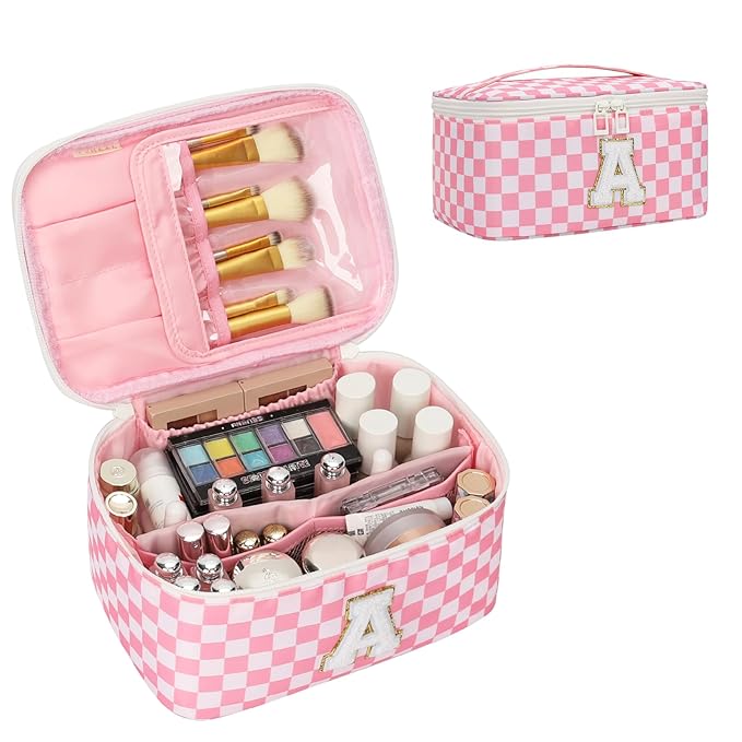 OCHEAL Makeup Bag Valentines Day Gifts for Women, Monogram Cosmetic Bag Pink Travel Makeup Case Beauty Toiletry Bag Organizer Personalized Gifts for Girl Teens Bridesmaid Sister Wife Friends Initial A