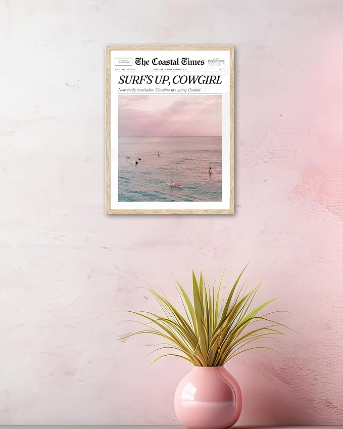 iHery 8x10in Surf’s Up Cowgirl Framed Newspaper Wall Art | Natural OAK Wood Frame with Canvas Print, Coastal Cowgirl Decor for Bedroom, Dorm, Living Room and Bar Cart, 1Pack