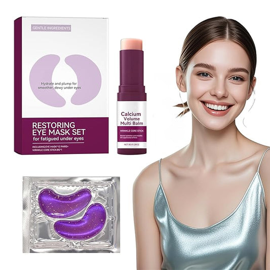Calcium Multi Balm Stick + Individually Wrapped Hydrogel Under Eye Patches 24pcs (12 Pairs) , 2‑Step Multi‑Area Hydrating Skin Care Set, Smoothing the Look of Fine Lines, Gentle for Sensitive Skin