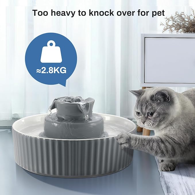 2.1L Ceramic Cat Water Fountain-for Cats and Dogs, 360 Ceramic Pet Fountain-70 Oz Large Water Capacity - Whisper-Quiet Water Flow-Great for Shy or Timid Pets - Fresh, Filtered Water（Grey）