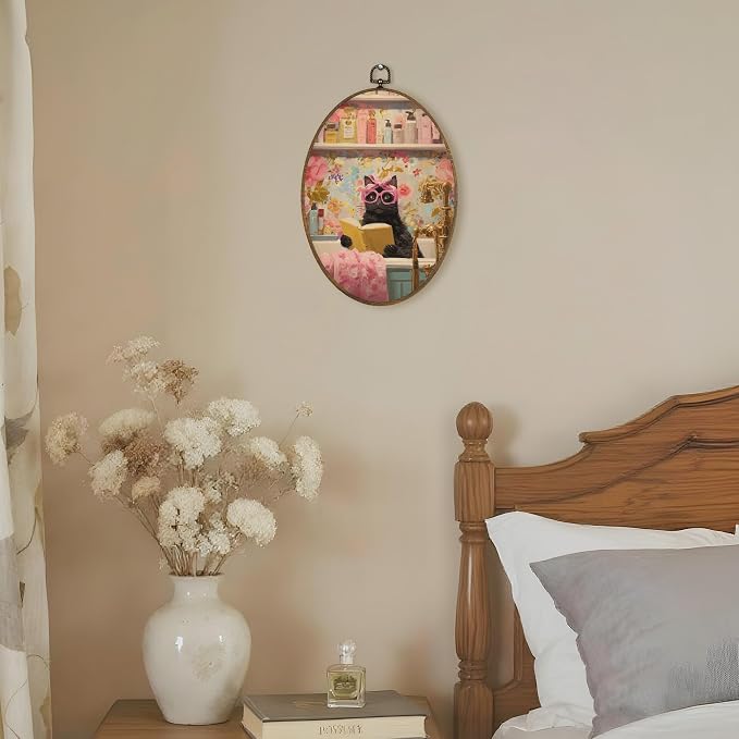 LKETW Funny Black Cat Bathroom Oval Wall Art Decor, Cat Bathroom Oval Canvas Hanging Decor, Eclectic Kitten Reading in Bathtub Wall Decorations for Washroom Restroom Toilet, 8.6x11.4 Inch