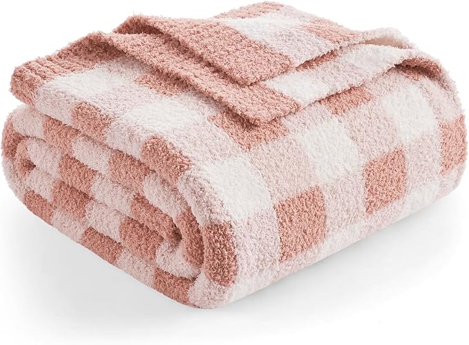 Snuggle Sac Checkered Throw Blanket for Couch, Super Soft, Cozy Warm Knit Decorative Blankets, Reversible Plaid Fluffy Throws for Sofa, Bed, Plaid Pink, 50x60 Inches