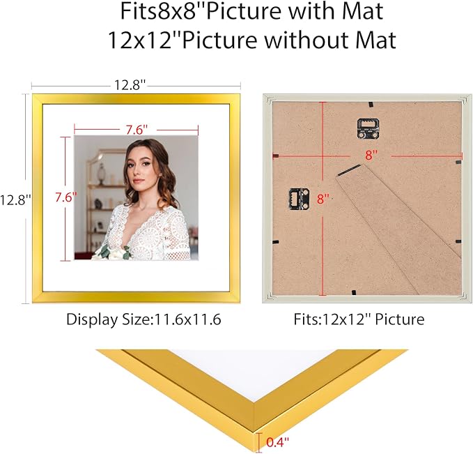 12x12 Picture Frame Set of 9, Display Pictures 8x8 with Mat or 12x12 without Mat, Multi Collage Gallery Square Photo Frames for Wall or Tabletop, Gold