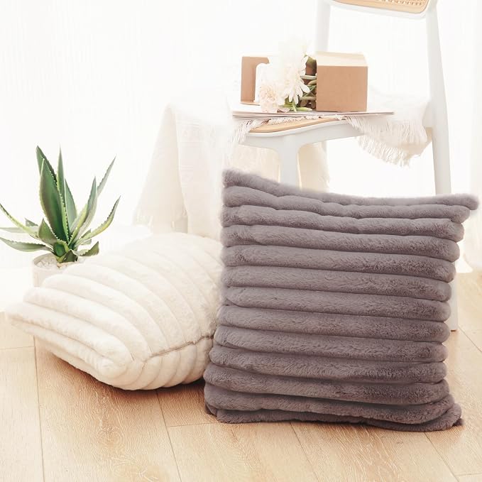 Decorative Throw Pillow with Inserts, Set of 2 Soft Faux Fur Throw Pillows, Square Boho Striped Pillow for Couch, Bed, Sofa Decor (Gray, 20" x 20"(Pack of 2))