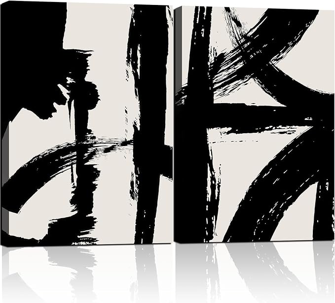 2Pcs Framed Abstract Black and White Canvas Wall Art Minimalist Brushstroke Line Prints Modern Home Gallery Style Painting Posters Picture Bedroom Living Room Office 16x24 Inch Ready to Hang