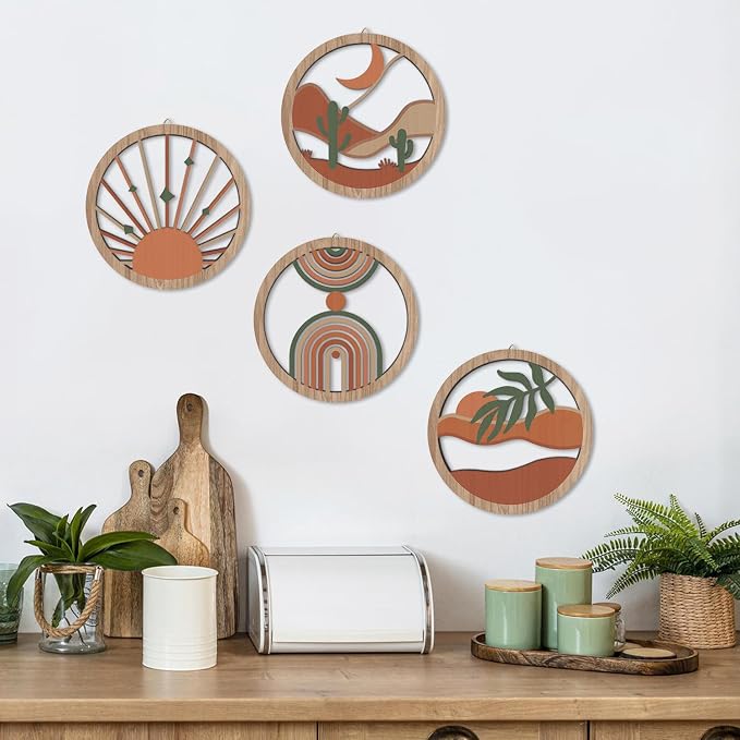 HPNIUB 4 Pcs Boho Wall Art Decor, Bohemian Geometric Hanging Wood Sign for Living Room, Aesthetic Abstract Desert Cactus, Minimalist Farmhouse Botanical Wooden Plaque for Apartment Bedroom(10''x10'')
