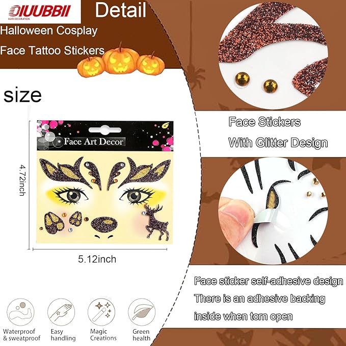 Christmas Elk Glitter Face Tattoo Stickers for Kids - Self-Adhesive Temporary Body Art Makeup for Halloween,Cosplay, Festival - Waterproof Fake Tattoo Stickers - 2Pcs (Reindeer & Elk)