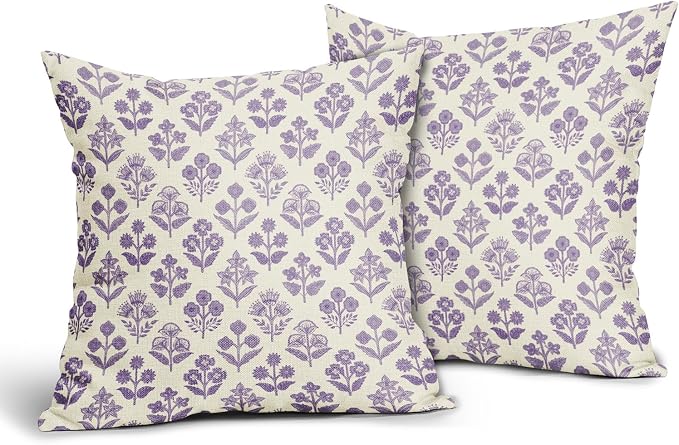 Purple Floral Block Print Pillow Covers 18x18 Inch Set of 2, Vintage Flower Pattern Decorative Throw Pillowcases Outdoor Farmhouse Cushion Covers Spring Summer Rustic Sofa Couch Bed Decor