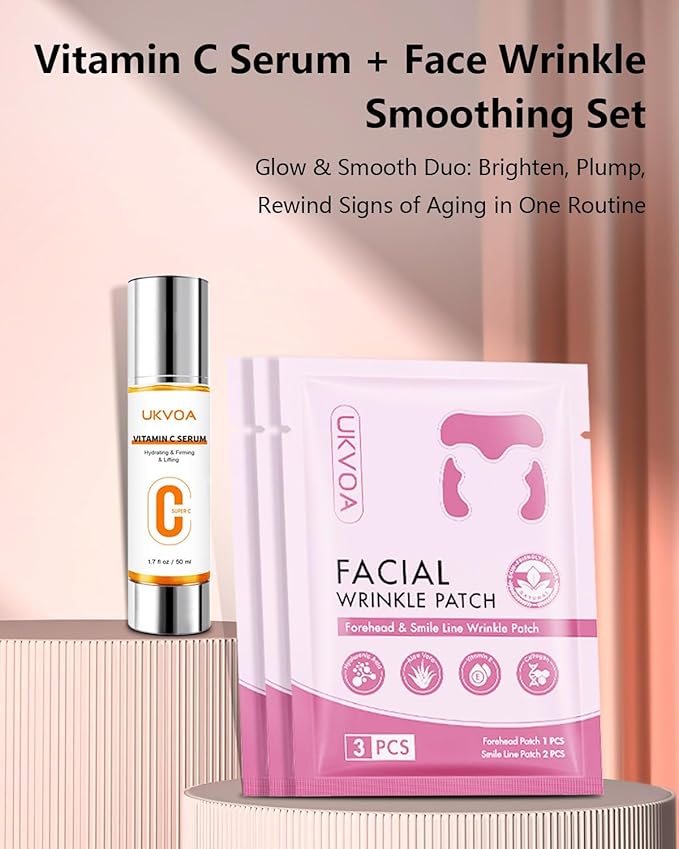 UKVOA Forehead Wrinkle Patches & Smile Line Patches, Overnight Facial Wrinkle Treatment with Hyaluronic Acid, Aloe, Collagen & Vitamin E to Lift Smile Lines for Women 36pcs with Vitamin C Serum